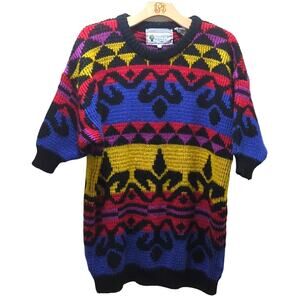 Organically Grown Knit Sweater Womens L Art Colorful Grandpa Unique Half Sleeve
